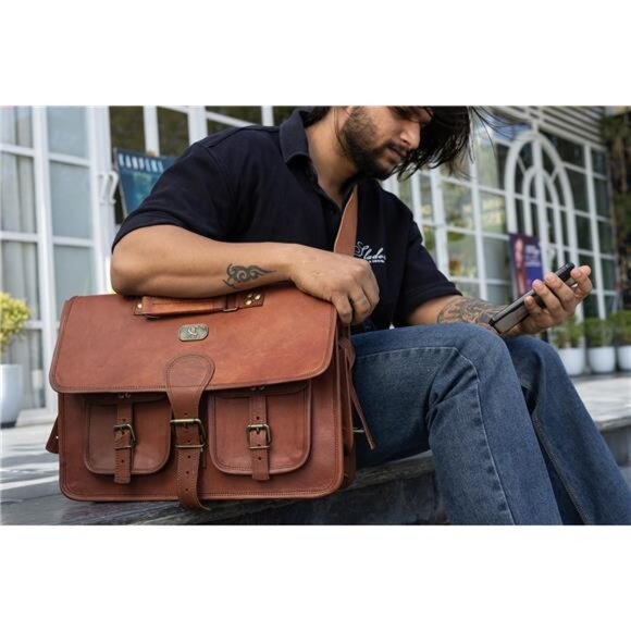 Leather Messenger Bag for Men, 18 Inch Laptop Crossbody, Handmade Leather - Picture 5 of 6